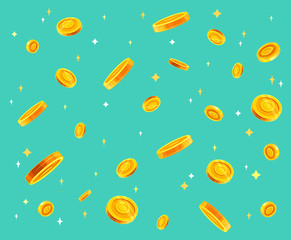 Gold coins money falling vector illustration, flat style dropping coins, isolated on color background.