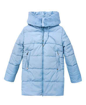 Winter blue child girl's coat isolated on white.