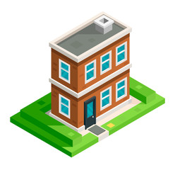 Vector isometric icon or infographic elements representing low poly town apartment building.