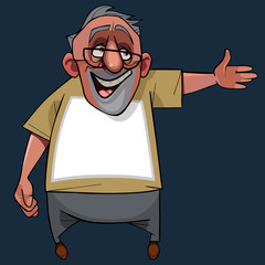 cartoon joyful gray-haired man in glasses points a hand to the side