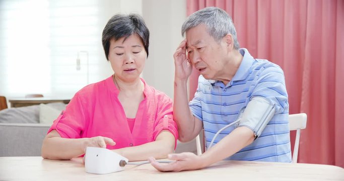 elder couple use blood manometer