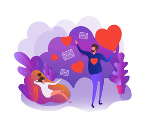 Flat scene cartoon illustration vector style. Send love message, meeting, dating for relationship