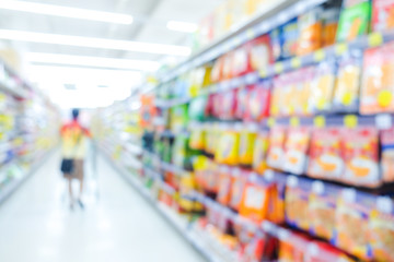 Abstract blurred shelf of modern supermarket store