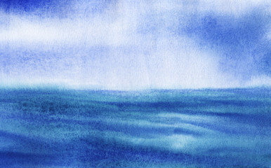 Abstract blue hand drawn background. Watercolor texture with granulation. Pastel blue calm surface of water merges with tender skyline. Seascape element illustration. Wet ink effect