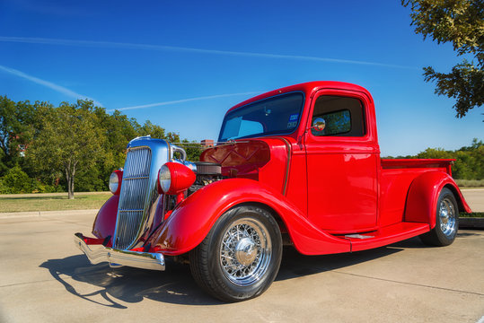 Front side view of a vintage red 1935 Ford pickup truck classic car on October 18, 2014 in Westlake, Texas.