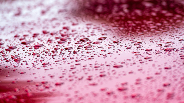 A close-up of water droplets on a red car body - image