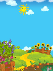 Cartoon scene with farm fields by the day - illustration for children