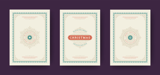 Christmas greeting cards vintage typographic design, ornate decorations, winter holidays wishes and ornament frames.