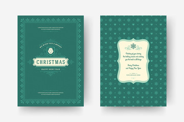 Christmas greeting card vintage typographic design, ornate decorations symbols with snowman, winter holidays wish