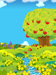 cartoon scene with farm fields stream by the day and apple trees - illustration for children