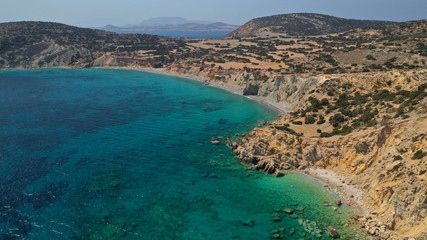 Aerial drone photo of turquoise paradise beach of Detis in Kato Koufonisi island, Small Cyclades, Greece