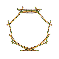 Watercolor hand painted elements on white background. Asian style polygonal frame of  bamboo sticks. Traditional ceremony decoration, textile sticker, art banner, greeting and invitation card. 