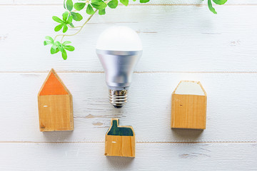LED電球と木でできたミニチュアの家