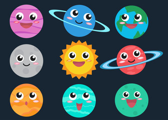 Collection of cute cartoon planets vector set - Vector illustration
