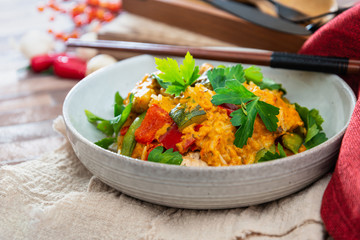 Tikka massala chicken basmati rice and crunchy vegetables
