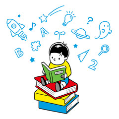 Boy reading book and imagining