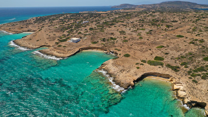 Aerial drone photo of turquoise paradise beaches of Kato Koufonisi island main Chora and church of Panagia, Small Cyclades, Greece