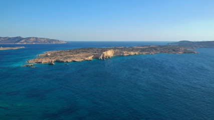 Aerial drone photo of turquoise paradise beaches of Kato Koufonisi island main Chora and church of Panagia, Small Cyclades, Greece