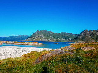 Photo of picturesque mountainous area, sea in Norway .