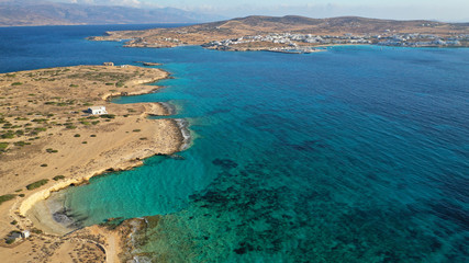 Fototapeta na wymiar Aerial drone photo of turquoise paradise beaches of Kato Koufonisi island main Chora and church of Panagia, Small Cyclades, Greece