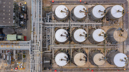 Aerial top view petrochemical product tank, Storage tank of liquid petrochemical.