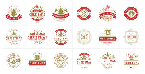 Christmas vector typography ornate labels and badges, happy new year and winter holidays wishes for vector illustration
