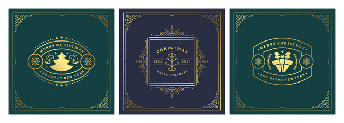 Christmas square banners vintage typographic design, ornate decorations symbols vector illustration
