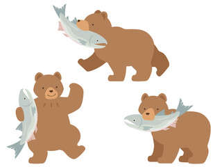 Obraz na płótnie Canvas 鮭を咥えるクマのイラストセット