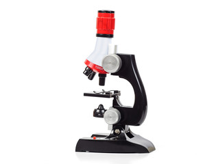 Red Microscope ,science tool on white background.