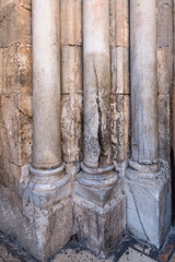 Crack from lightning in a pillar at the entrance to the Holy Sepulchre in the Old City in Jerusalem, Israel