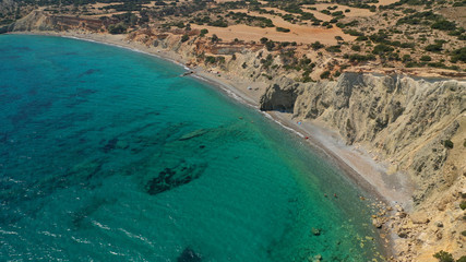 Fototapeta na wymiar Aerial drone photo of turquoise paradise beach of Nero in Kato Koufonisi island, Small Cyclades, Greece