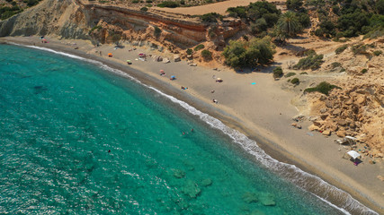 Aerial drone photo of turquoise paradise beach of Nero in Kato Koufonisi island, Small Cyclades, Greece