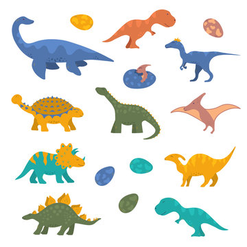 Cute funny colorful dinosaur collection for kids. Vector isolated dino stickers for prints.