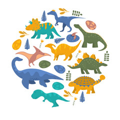 Cute funny colorful dinosaur frame for kids with rex and pterodactyl. Vector isolated floral dino background for print or boy t-shirt.