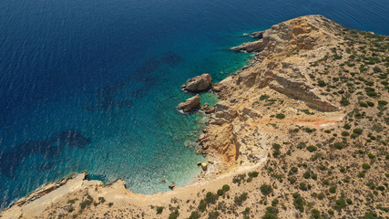 Aerial drone photo of turquoise paradise beach of Nero in Kato Koufonisi island, Small Cyclades, Greece