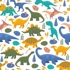 Floral colorful dinosaur seamless pattern for kids wallpaper with raptor, rex, ankylosaurus and pterodactyl. Vector isolated dino background for boy t-shirt textile.