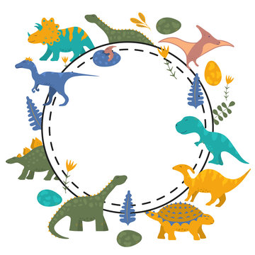 Cute funny colorful dinosaur frame for kids with rex, raptor and pterodactyl. Vector isolated floral dino background for print or boy invitation card.