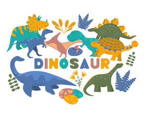 Cute colorful dinosaur print for kids  with raptor, rex and pterodactyl. Vector isolated floral dino background. Boy t-shirt label.