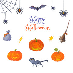 Watercolor set of halloween bright elements.