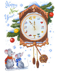 Beautiful watercolor illustration: Christmas snowy clock.