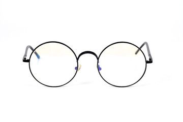 Eyeglasses in round frame on white background.