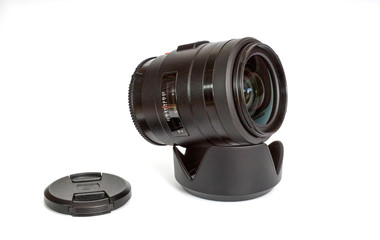 Black photo lens and lens hood