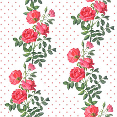 Beautiful pattern of pink roses with green leaves on a white background with polka dots.