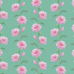 Seamless pattern of pink flowers on a green background..