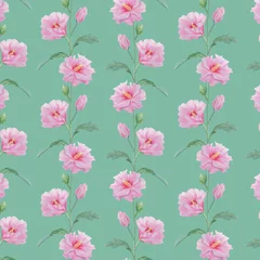Gordijnen Naadloos patroon van roze bloemen op een groene achtergrond.. © Mariia