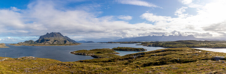 Fototapeta na wymiar panoramic view, scenery on island Heroy with mountain range seven sisters (syv søstre), Norway,Nordland