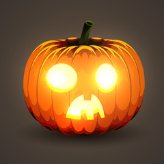 Halloween Pumpkin with glowing eyes on dark background.
