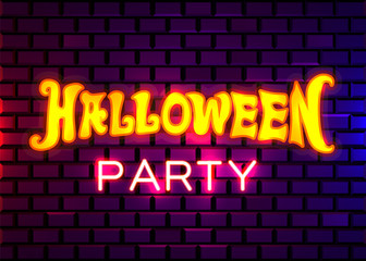 Halloween party neon sign ob brick wall background. Retro style.