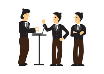 Group of businessman working in a team. Concept of corporate teamwork, startup culture, strategic planning and office workplace culture. Isolated vector illustration.