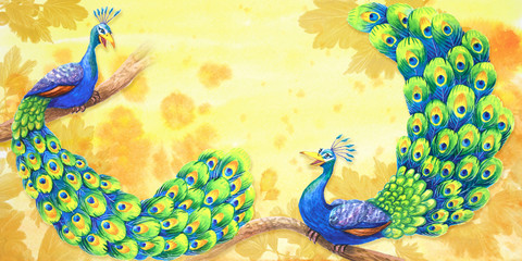 Two beautiful peacocks are sitting on the branches. Watercolor illustration.
